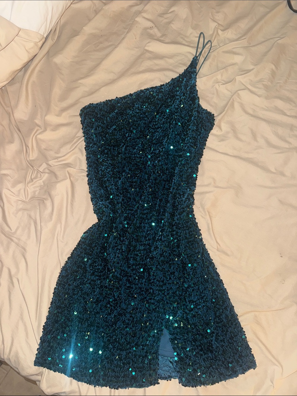 One-Shoulder Teal Sequin Mini Dress